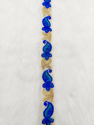 Beige Tissue Fabric Trim With Blue and Gold Embroidery, Paisley Embroidery, Trim by 2 Yards